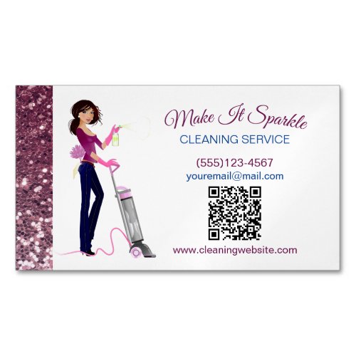 Cute Sparkle Maid Cleaning Service QR Code Business Card Magnet