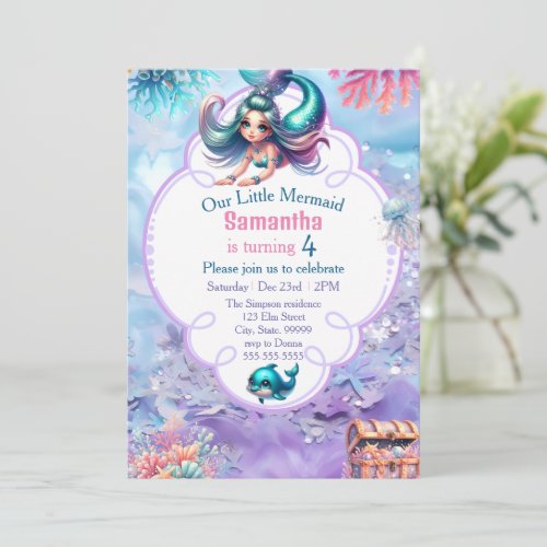 Cute Sparkle Mermaid Birthday Invitation