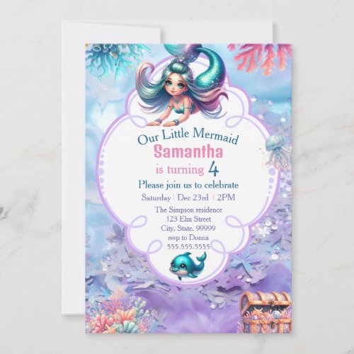 Cute Sparkle Mermaid Birthday Invitation