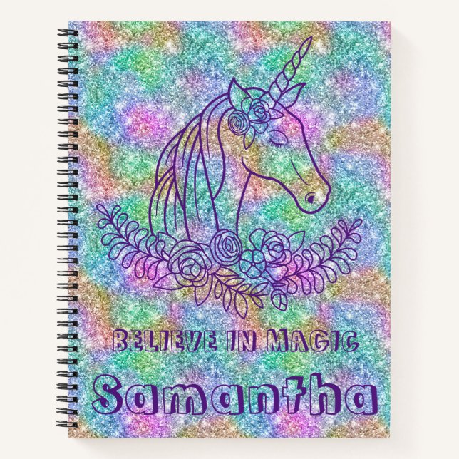 Cute Sparkling Unicorn Believe in Magic Quote Notebook (Front)