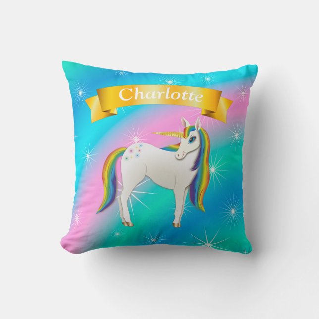 Cute Sparkling White Unicorn Throw Pillow (Front)