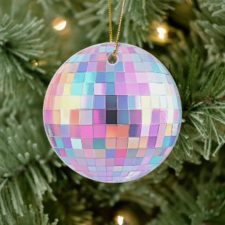 Cute Sparkly Pink & Rainbow Disco Ball Ceramic Ornament