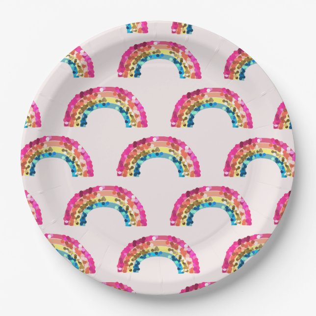Cute Sparkly Sequin Rainbow Birthday Party Paper Plates (Front)