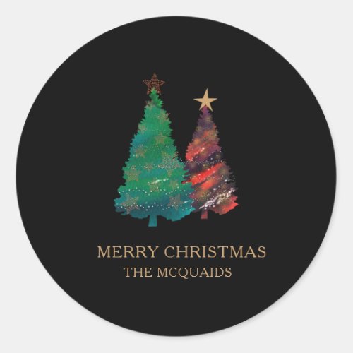 Cute Sparkly Watercolor Christmas Tree Classic Round Sticker