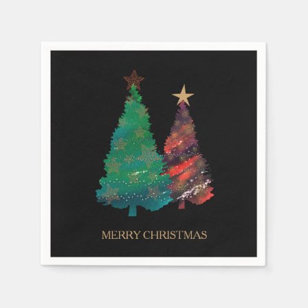 Cute Sparkly Watercolor Christmas Tree Paper Napkins