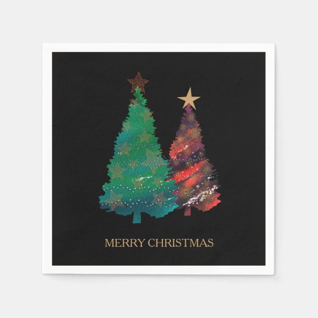 Cute Sparkly Watercolor Christmas Tree Paper Napkins (Front)