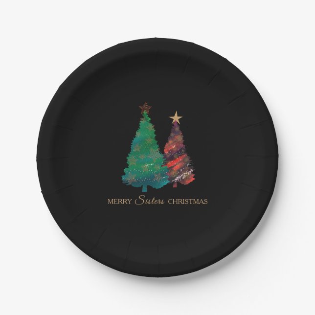 Cute Sparkly Watercolor Christmas Tree Paper Plates (Front)