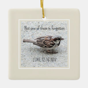 Cute Sparrow Bird Photo Bible Verse Simple Tan Ceramic Ornament