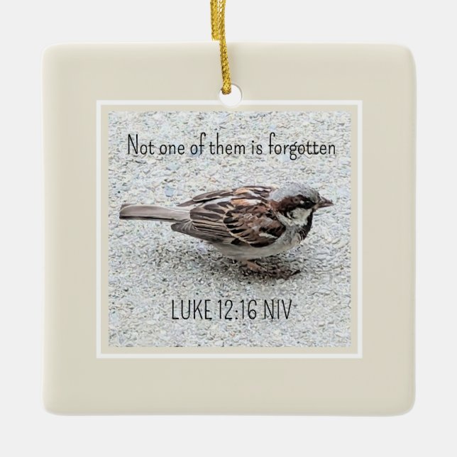 Cute Sparrow Bird Photo Bible Verse Simple Tan Ceramic Ornament (Front)