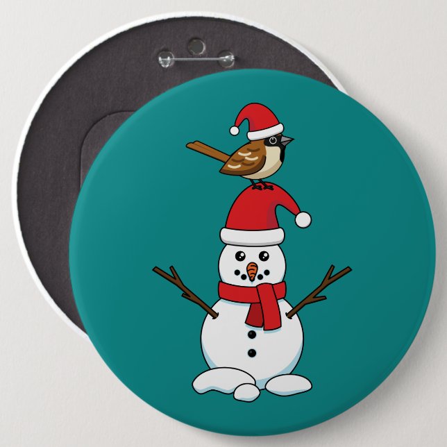 Cute Sparrow on Snowman Button (Front & Back)