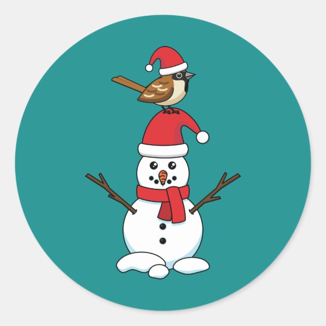 Cute Sparrow on Snowman Classic Round Sticker (Front)