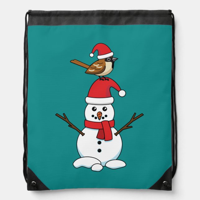 Cute Sparrow on Snowman Drawstring Bag (Front)