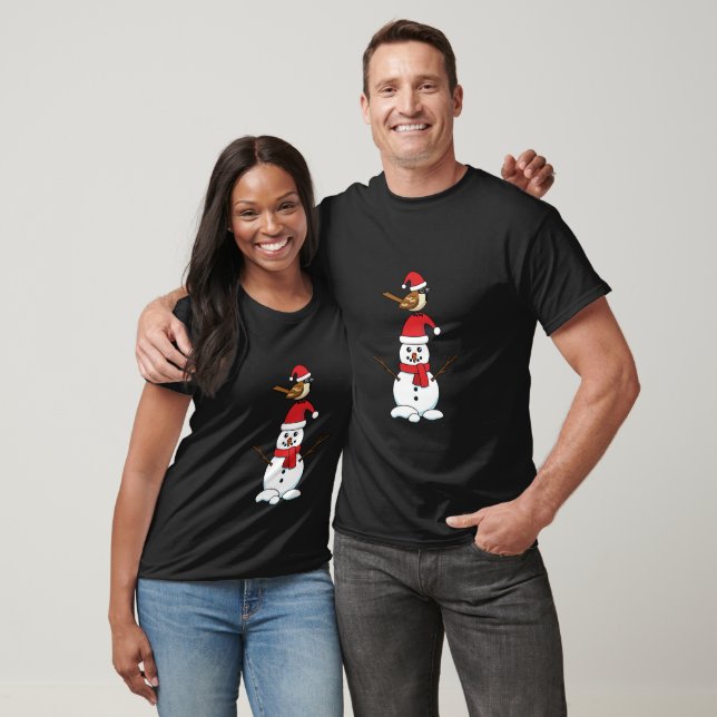 Cute Sparrow on Snowman T-Shirt (Unisex)