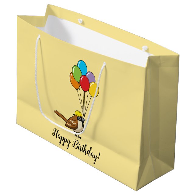 Cute Sparrow with Balloons Birthday | Personalize Large Gift Bag (Front Angled)