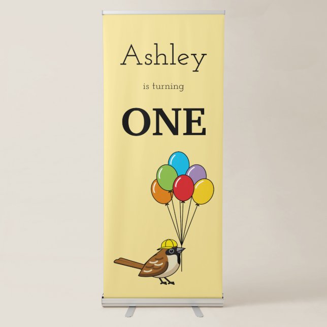 Cute Sparrow with Balloons Birthday | Personalize Retractable Banner (Front)