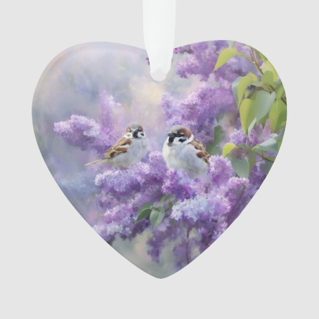 Cute Sparrows in Lilac Heart Acrylic Ornament – Fl (Front)