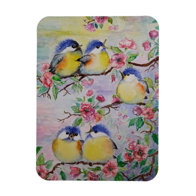 Cute Sparrows Magnet - Spring - Painting (Vertical)