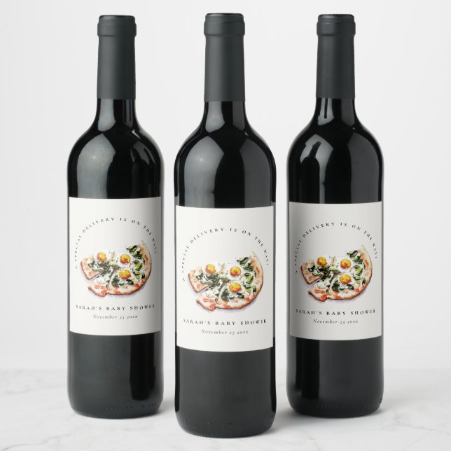 Cute Special Delivery Pizza Baby Shower Party Wine Label (Bottles)