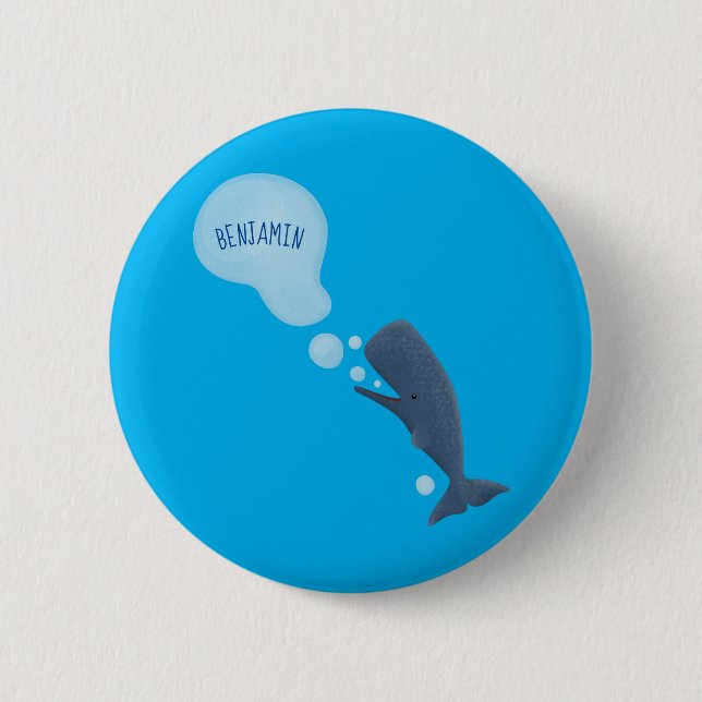 Cute sperm whale blowing bubbles cartoon button (Front)