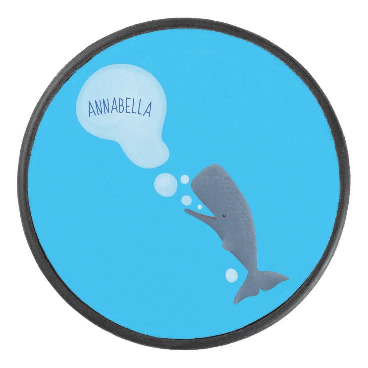 Cute sperm whale blowing bubbles cartoon hockey puck | Zazzle