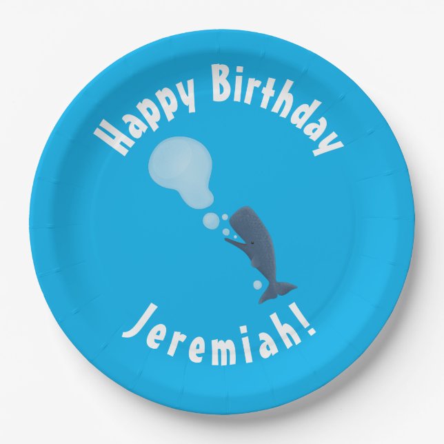 Cute sperm whale blowing bubbles cartoon paper plates (Front)