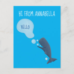 Cute sperm whale blowing bubbles cartoon postcard