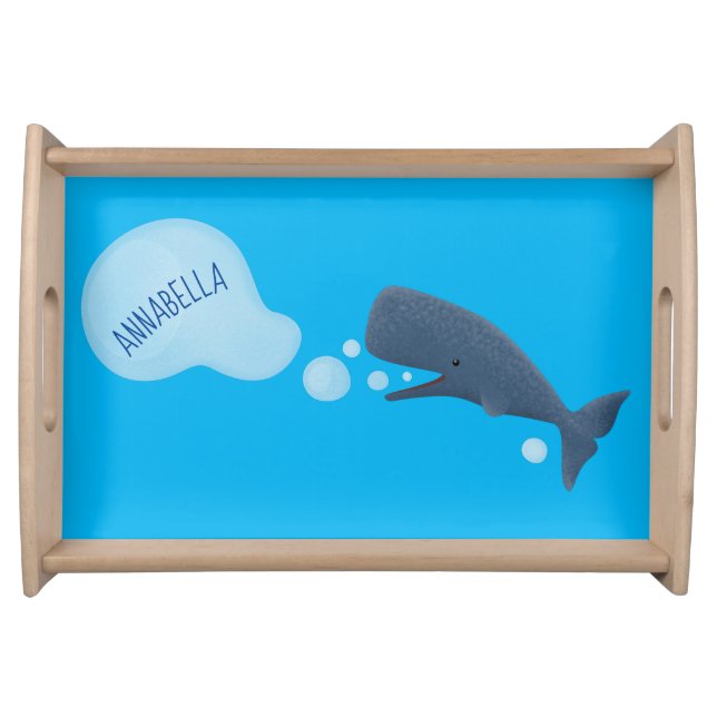 Cute sperm whale blowing bubbles cartoon serving tray (Front)