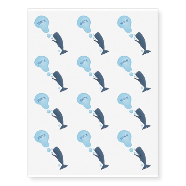 Cute sperm whale blowing bubbles cartoon temporary tattoos (Front)