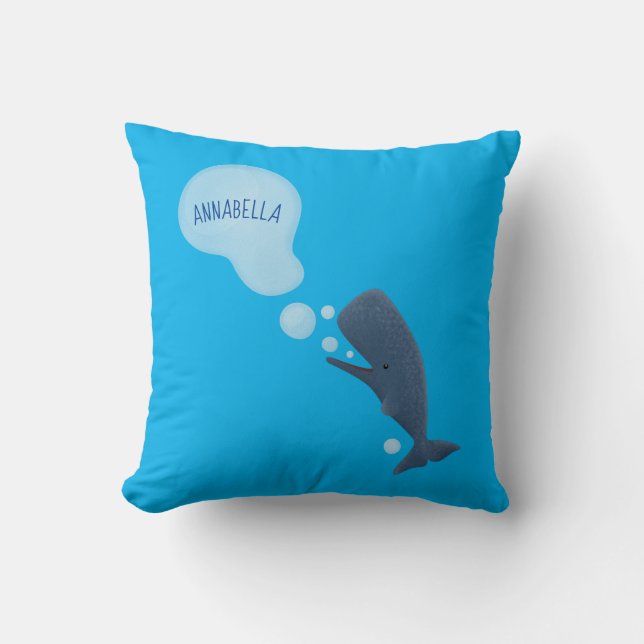 Cute sperm whale blowing bubbles cartoon throw pillow (Front)
