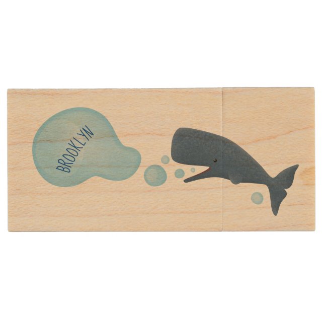 Cute sperm whale blowing bubbles cartoon wood flash drive (Front)