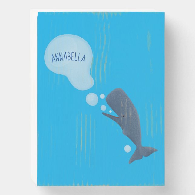 Cute sperm whale blowing bubbles cartoon wooden box sign (Front Vertical)