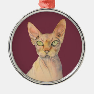 Cute Sphynx Cat Watercolor Illustration Metal Ornament