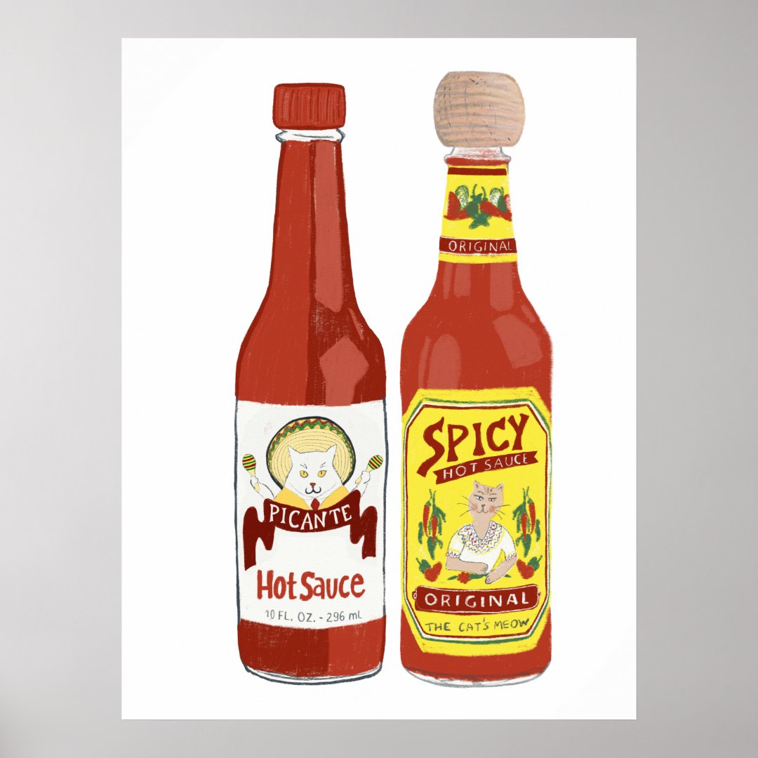 Cute Spicy Cats hot sauce illustration Poster Zazzle