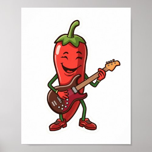 Cute Spicy Chili Pepper Playing Electric Guitar Poster