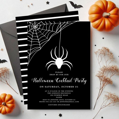 Cute Spider Black  White Halloween Cocktail Party Invitation