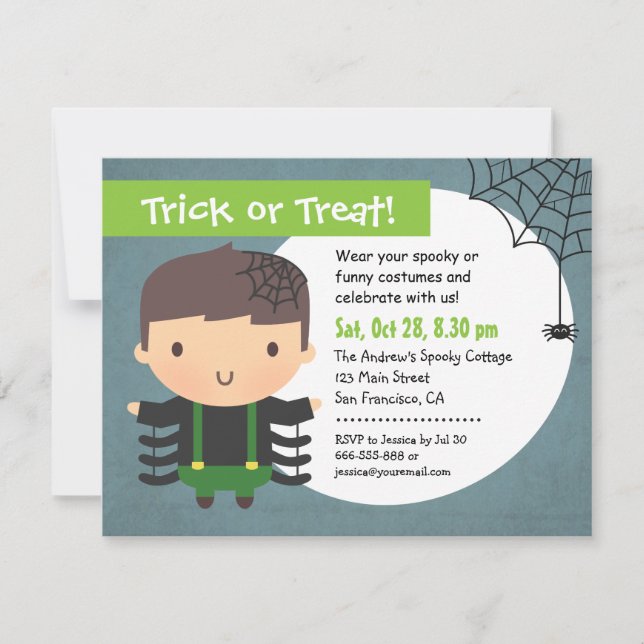 Cute Spider Boy Kids Halloween Party Invitations (Front)