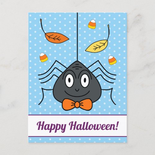 Cute Spider Candy Corn Fall Leaves Happy Halloween Holiday Postcard