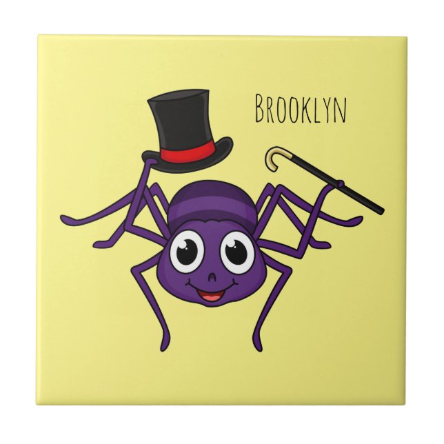Cute spider in top hat cartoon ceramic tile (Front)