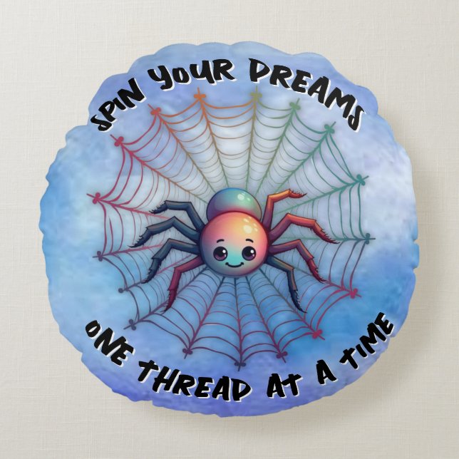 Cute Spider Inspirational Quote Monogram on blue | Round Pillow (Front)