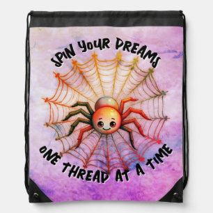 Cute Spider Inspirational Quote Monogram on pink Drawstring Bag