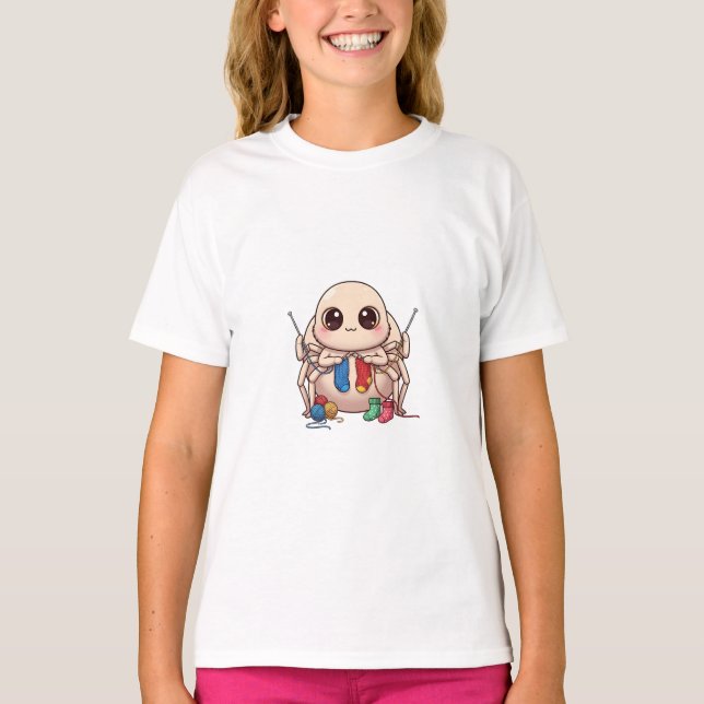 Cute Spider Knitting With Yarn Kids T-Shirt (Front)