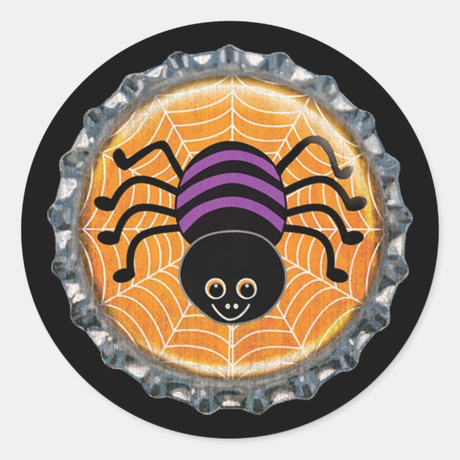 Cute Spider on Web Halloween Bottle Cap Classic Round Sticker (Front)