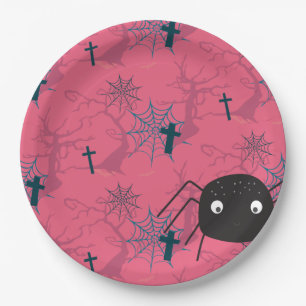 Cute spider & raspberry pink spider web patterned paper plates