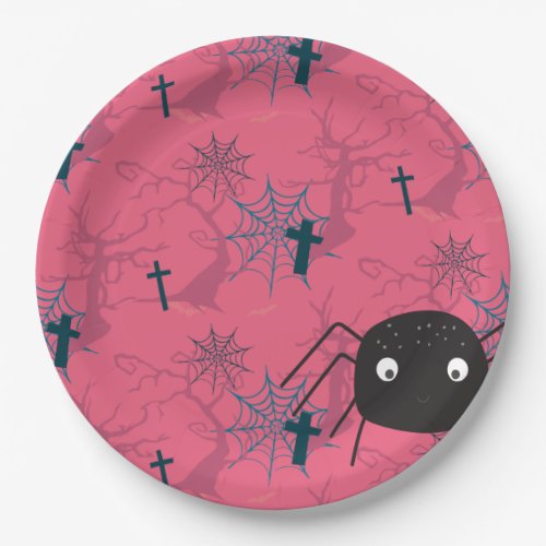 Cute spider  raspberry pink spider web patterned paper plates