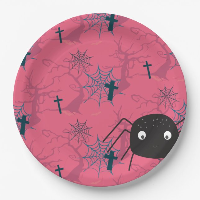 Cute spider & raspberry pink spider web patterned paper plates (Front)