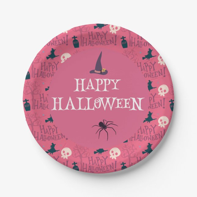 Cute spider & raspberry pink spider web patterned paper plates (Front)