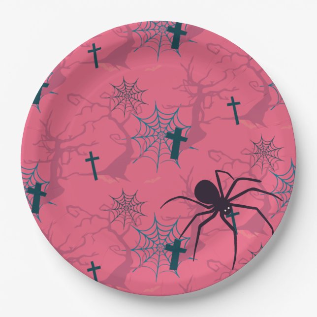 Cute spider & raspberry pink spider web patterned  paper plates (Front)