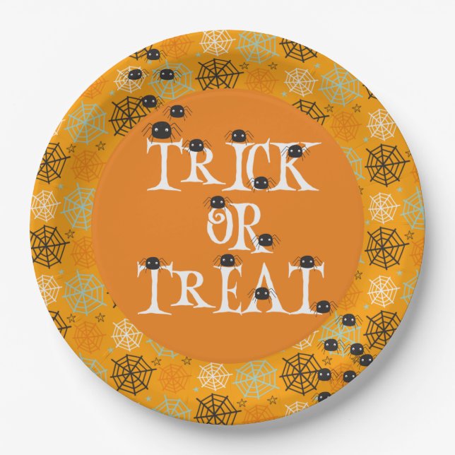 Cute spiders and spider web patterned Halloween Paper Plates (Front)