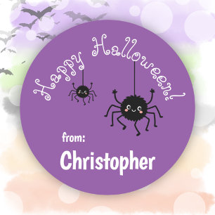 Cute Spiders Party Favor Purple Happy Halloween Classic Round Sticker