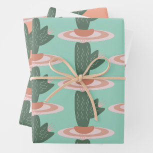 Cute Spikey Cactus Potted Houseplants Pattern Wrapping Paper Sheets